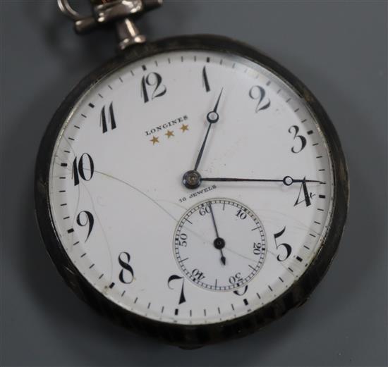 A 900 standard white metal and niello Longines keyless dress pocket watch, with Arabic dial and subsidiary seconds.